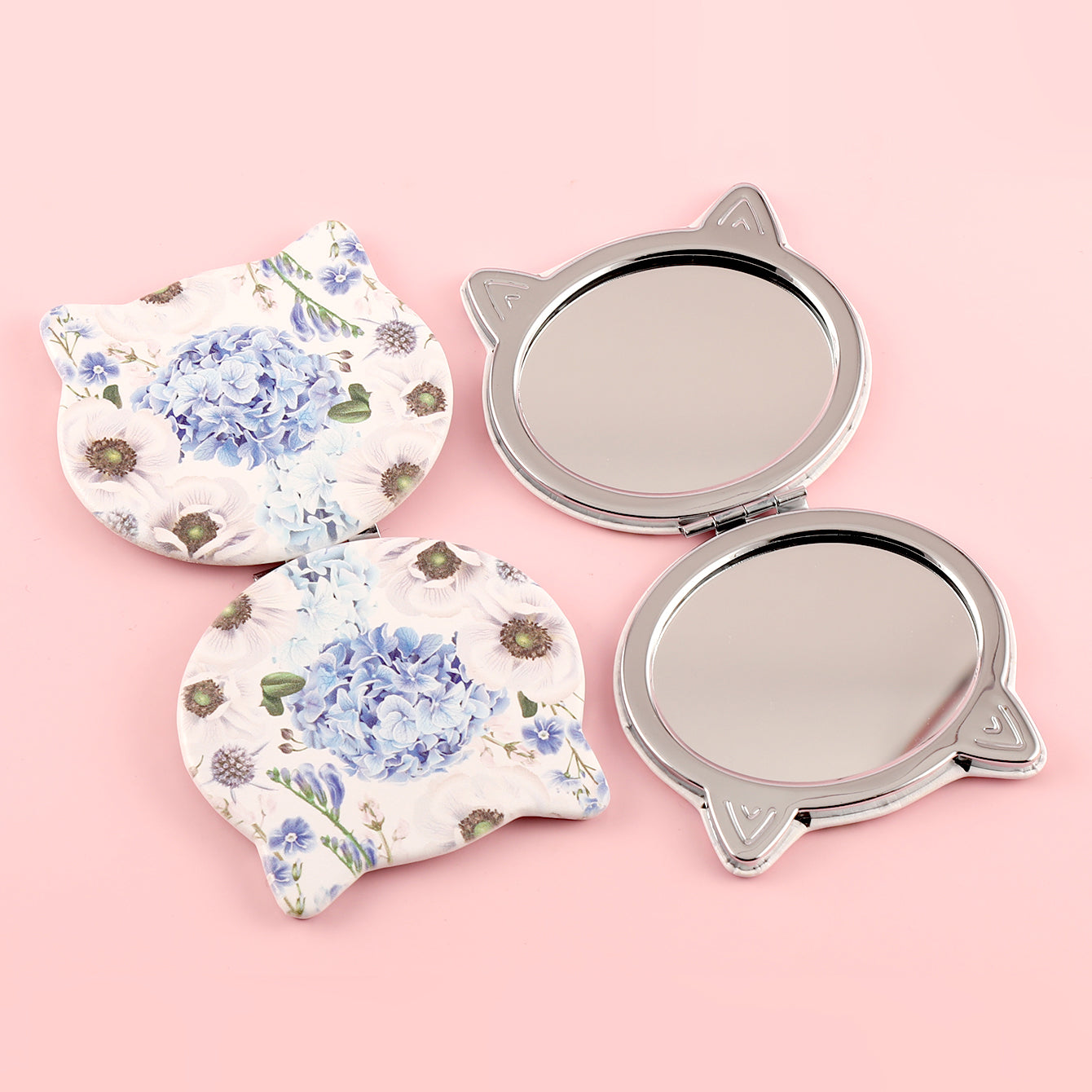 Fashionable PU Eco-Friendly Leather Printed Cosmetic Mirror, HD Glass Mirror, Plating Silver Metal Frame, Cute Cat Head Shape, Size 75*70mm, Good Gift Choice