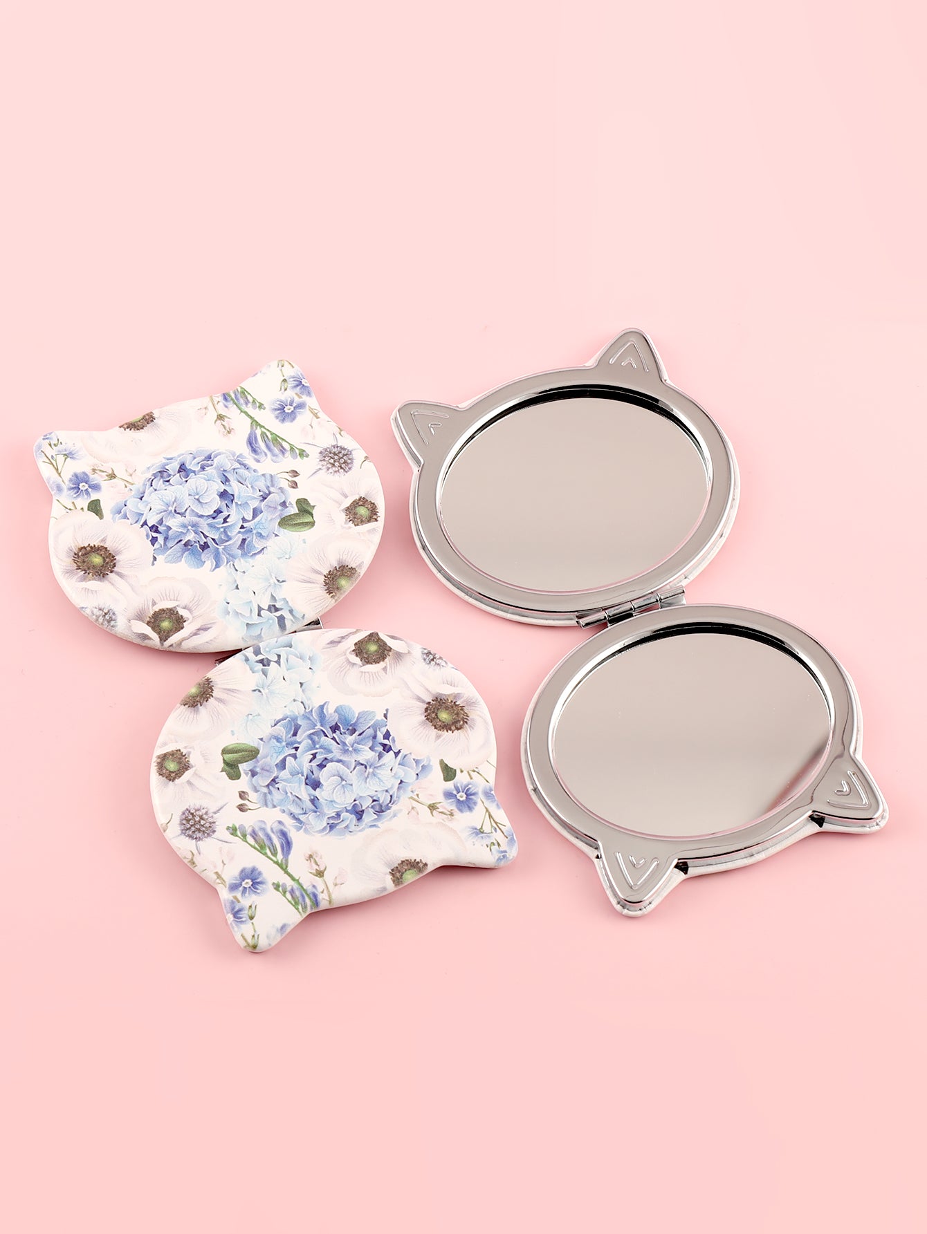 Fashionable PU Eco-Friendly Leather Printed Cosmetic Mirror, HD Glass Mirror, Plating Silver Metal Frame, Cute Cat Head Shape, Size 75*70mm, Good Gift Choice