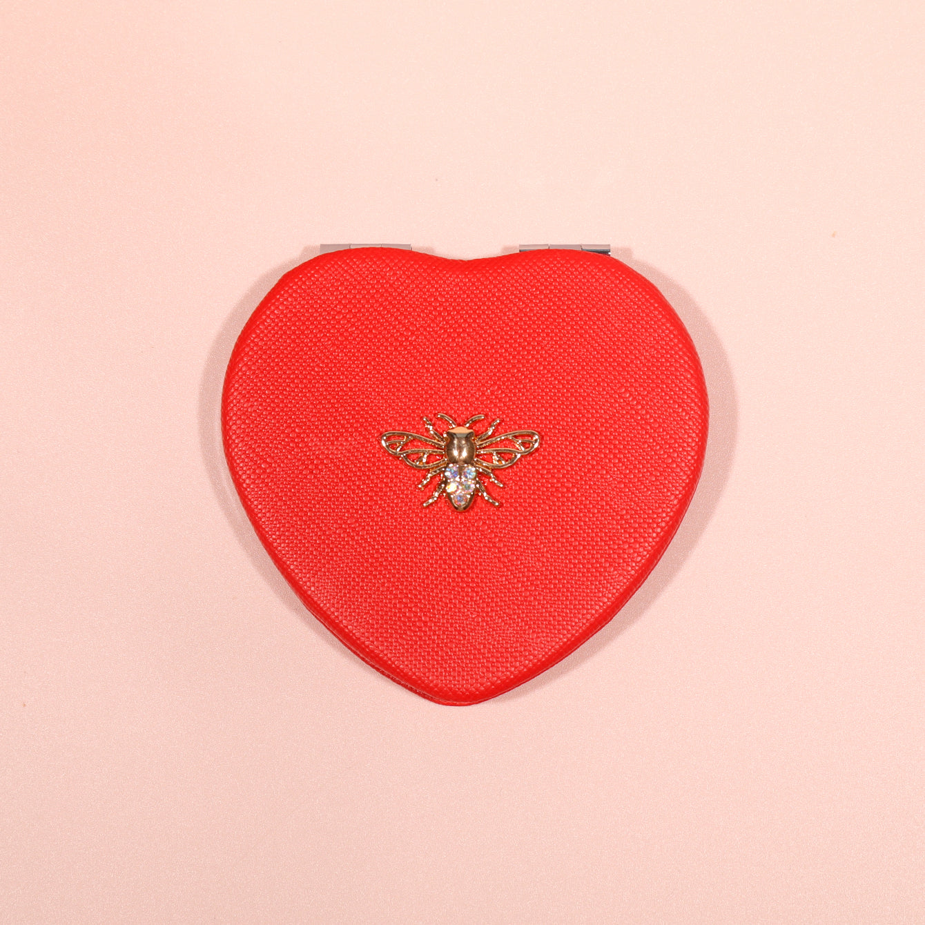 Eco-Friendly PU Leather Metal Bee Decorative Cosmetic Mirror, HD Glass Mirror, Plating Silver Metal Frame, Heart-Shaped 65*65mm, Available in Pink ,Maroon and Red, Preferred as a Gift