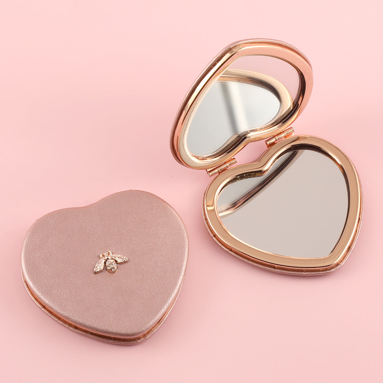 Eco-Friendly PU Leather Metal Bee Decorative Cosmetic Mirror, HD Glass Mirror, Plating Silver Metal Frame, Heart-Shaped 65*65mm, Available in Pink ,Maroon and Red, Preferred as a Gift