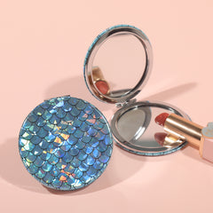 Eco-Friendly PU Leather Fish-Scale Cosmetic Mirror, High-Definition Glass Mirror, Plating Silver Metal Frame, 70*70mm Round Design, 8 Fashionable Colors Available, Perfect as a Gift for Friends