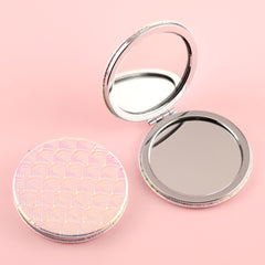 Eco-Friendly PU Leather Fish-Scale Cosmetic Mirror, High-Definition Glass Mirror, Plating Silver Metal Frame, 70*70mm Round Design, 8 Fashionable Colors Available, Perfect as a Gift for Friends