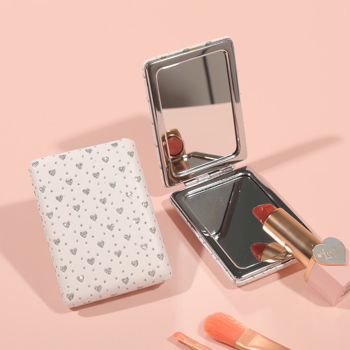 Customized Patterns and Five Shapes Available, Made of PU Glitte Leather, with HD Glass and Silver Frames, Available in Pink and White, Creating a Dazzling New Makeup Experience