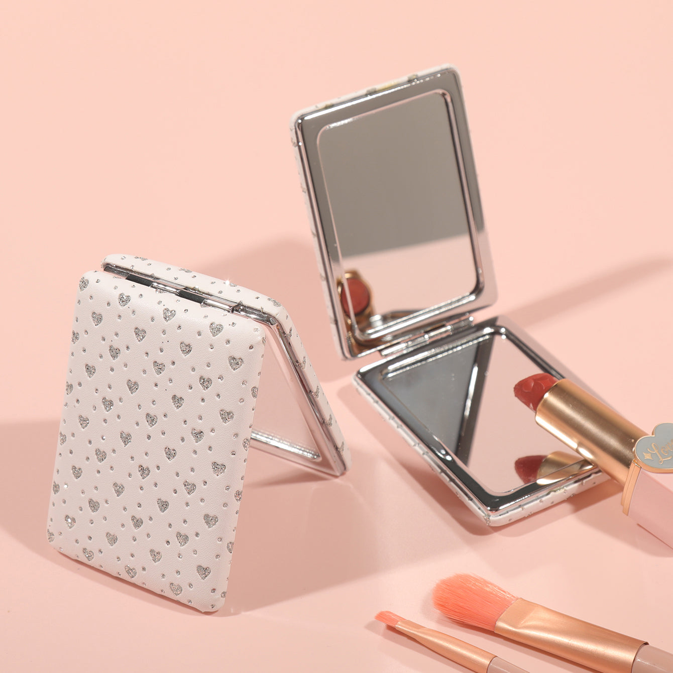 Customized Patterns and Five Shapes Available, Made of PU Glitte Leather, with HD Glass and Silver Frames, Available in Pink and White, Creating a Dazzling New Makeup Experience