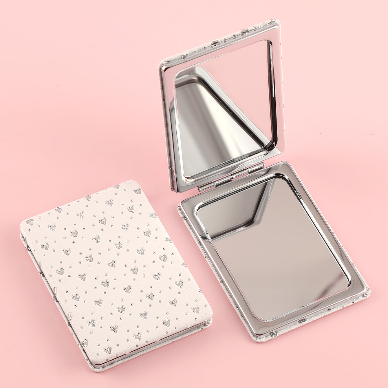 Customized Patterns and Five Shapes Available, Made of PU Glitte Leather, with HD Glass and Silver Frames, Available in Pink and White, Creating a Dazzling New Makeup Experience