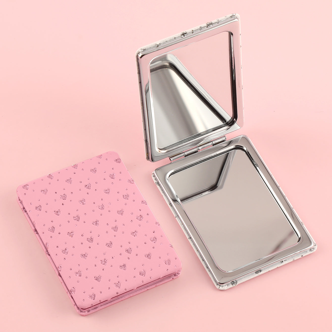 Customized Patterns and Five Shapes Available, Made of PU Glitte Leather, with HD Glass and Silver Frames, Available in Pink and White, Creating a Dazzling New Makeup Experience