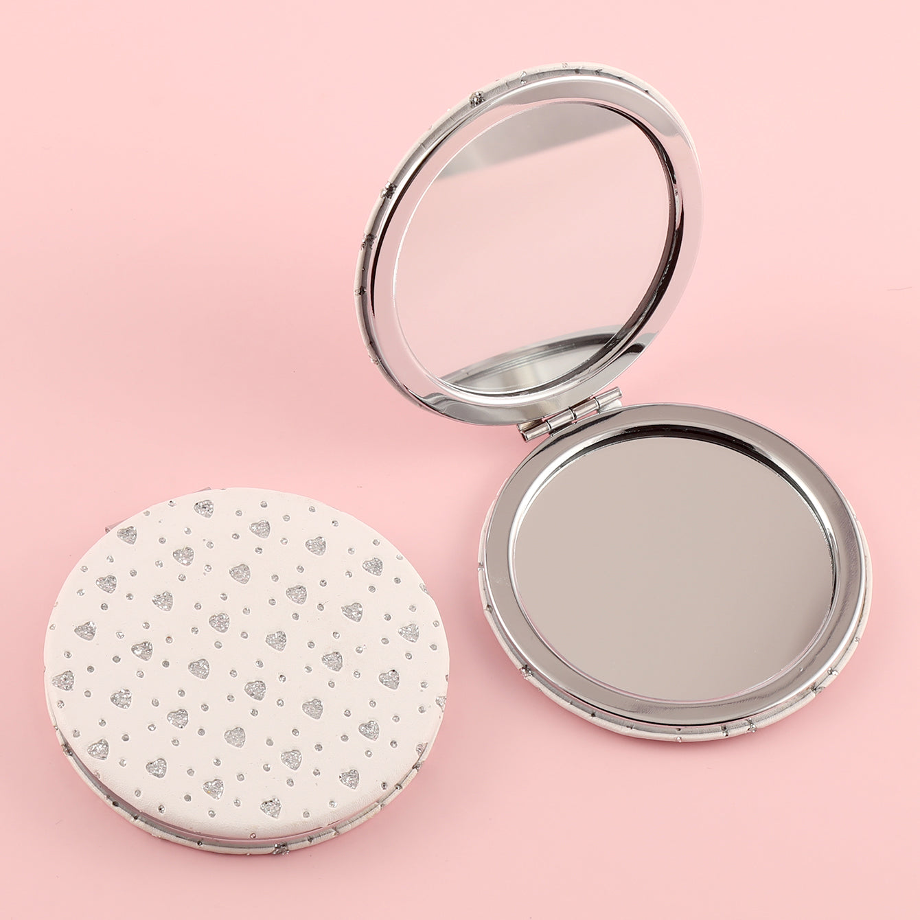 Customized Patterns and Five Shapes Available, Made of PU Glitte Leather, with HD Glass and Silver Frames, Available in Pink and White, Creating a Dazzling New Makeup Experience