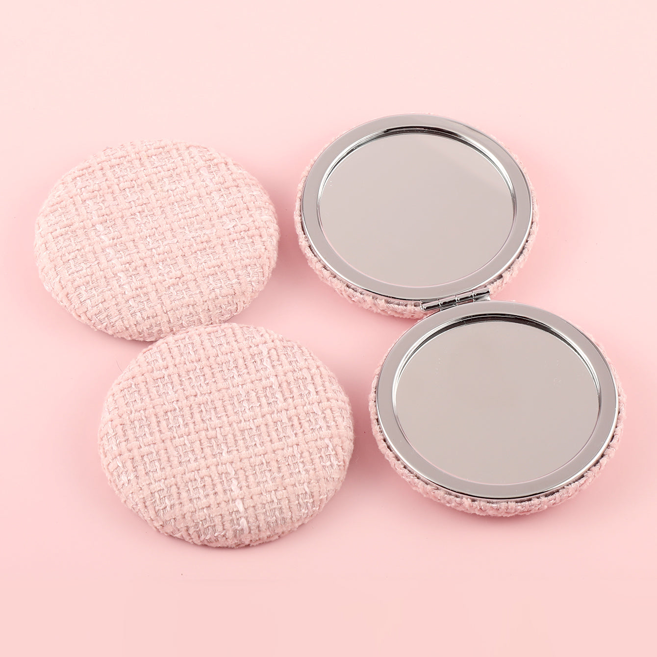 Fresh Fabric Style, 70*70mm Round Cosmetic Mirror, Shiny Plating Silver Rim, HD Mirror Surface, Five Colors to Choose From, a Great Gift