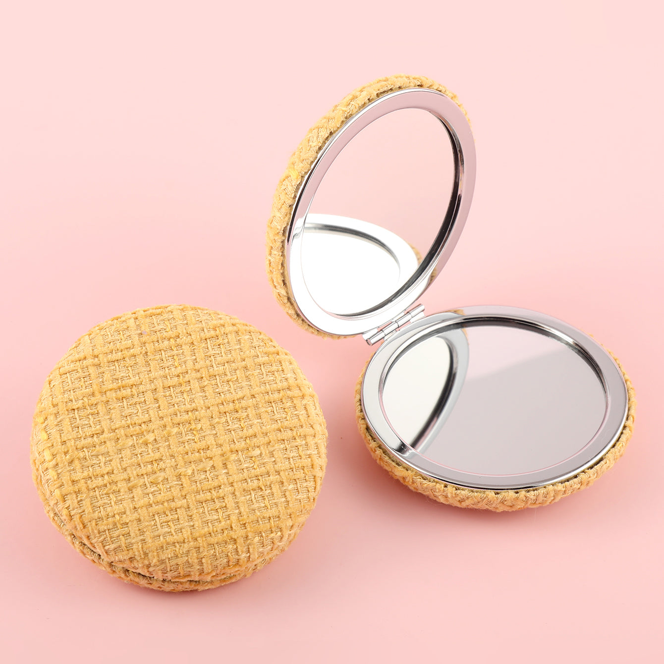 Fresh Fabric Style, 70*70mm Round Cosmetic Mirror, Shiny Plating Silver Rim, HD Mirror Surface, Five Colors to Choose From, a Great Gift