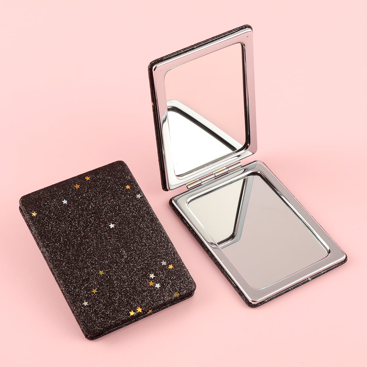 PU Glitte Leather Rectangular Cosmetic Mirror, Plating Silver Metal Edge, HD Mirror. Perfect as a Gift, Available in Any Pink or Black Color Combination. Compact and Lightweight, Share Beautiful Moments with Friendship