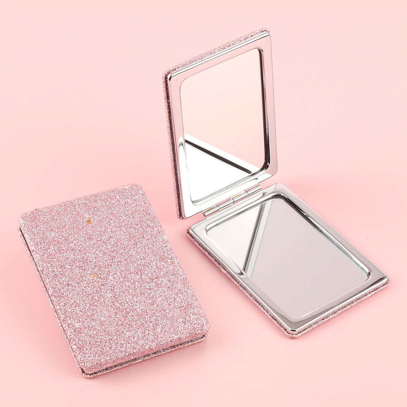 PU Glitte Leather Rectangular Cosmetic Mirror, Plating Silver Metal Edge, HD Mirror. Perfect as a Gift, Available in Any Pink or Black Color Combination. Compact and Lightweight, Share Beautiful Moments with Friendship