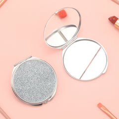 Pu Glitte Leather Plating Silver Round Vanity Mirror! Enjoy the Bright Brilliance Brought by HD Glass, and the 85*80mm Size Perfectly Matches Your Beauty Table. Pink, Blue, Black and Yellow,Multiple Choices to Show Your Personality.