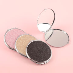 Pu Glitte Leather Plating Silver Round Vanity Mirror! Enjoy the Bright Brilliance Brought by HD Glass, and the 85*80mm Size Perfectly Matches Your Beauty Table. Pink, Blue, Black and Yellow,Multiple Choices to Show Your Personality.