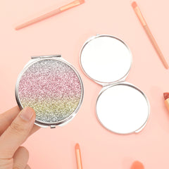 70*70mm Round PU Glitte Leather Inlay, Plating Silver Frame, HD Glass Mirror! Multiple Styles to Choose From, a New Beauty Partner to Reflect Your Radiant Moments