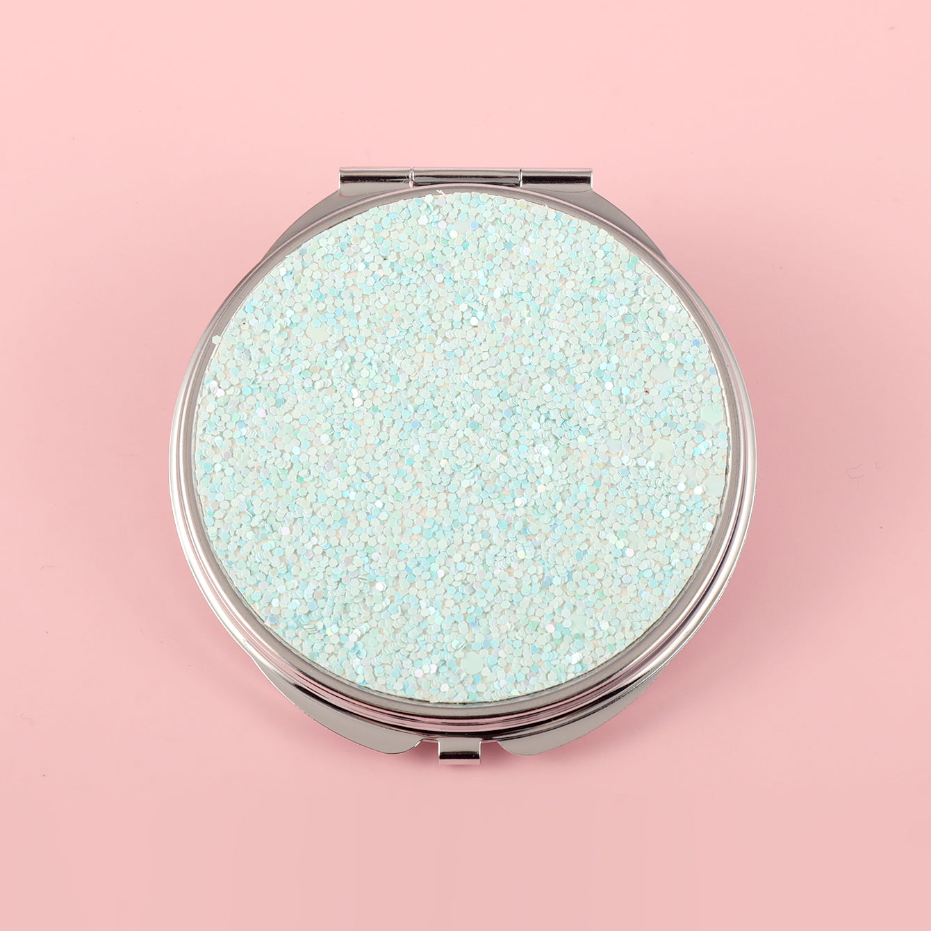 70*70mm Round PU Glitte Leather Inlay, Plating Silver Frame, HD Glass Mirror! Multiple Styles to Choose From, a New Beauty Partner to Reflect Your Radiant Moments