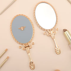 PU Leather Handheld Makeup Mirror, Decorated with Little Bee Gold Ornaments, Plating Gold, HD Glass, 175*75mm, Multiple Styles and Colors to Choose from