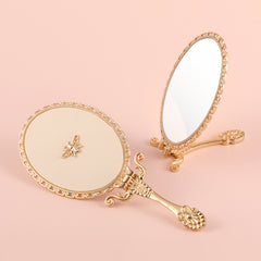 PU Leather Handheld Makeup Mirror, Decorated with Little Bee Gold Ornaments, Plating Gold, HD Glass, 175*75mm, Multiple Styles and Colors to Choose from