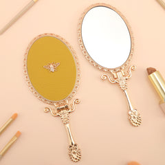 PU Leather Handheld Makeup Mirror, Decorated with Little Bee Gold Ornaments, Plating Gold, HD Glass, 175*75mm, Multiple Styles and Colors to Choose from