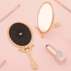 PU Leather Handheld Makeup Mirror, Decorated with Little Bee Gold Ornaments, Plating Gold, HD Glass, 175*75mm, Multiple Styles and Colors to Choose from