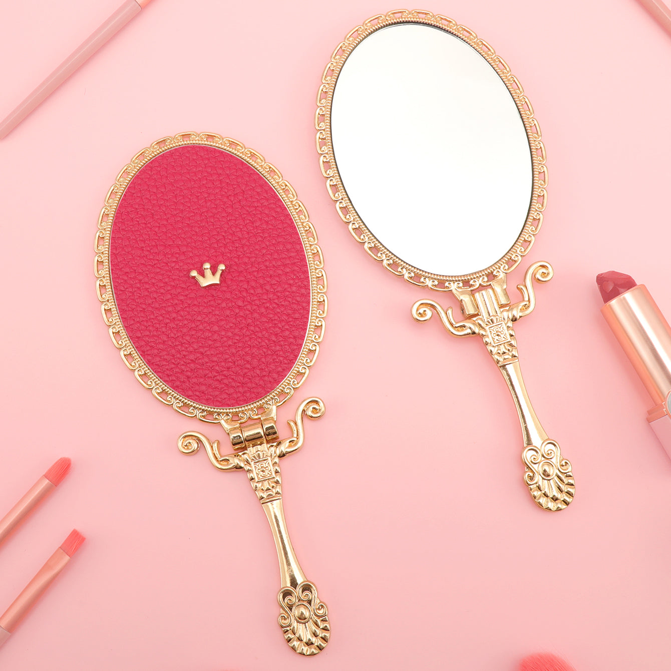 PU Leather Handheld Makeup Mirror, Decorated with Little Bee Gold Ornaments, Plating Gold, HD Glass, 175*75mm, Multiple Styles and Colors to Choose from