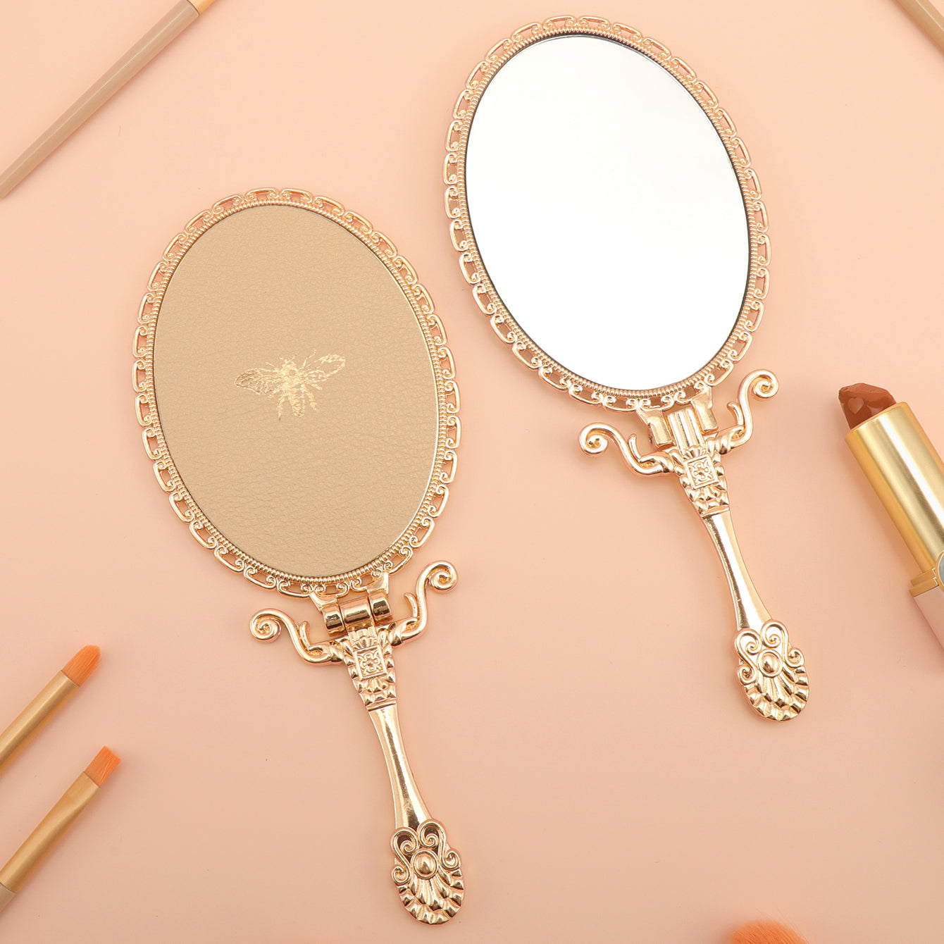 PU Leather Handheld Makeup Mirror, Decorated with Little Bee Gold Ornaments, Plating Gold, HD Glass, 175*75mm, Multiple Styles and Colors to Choose from