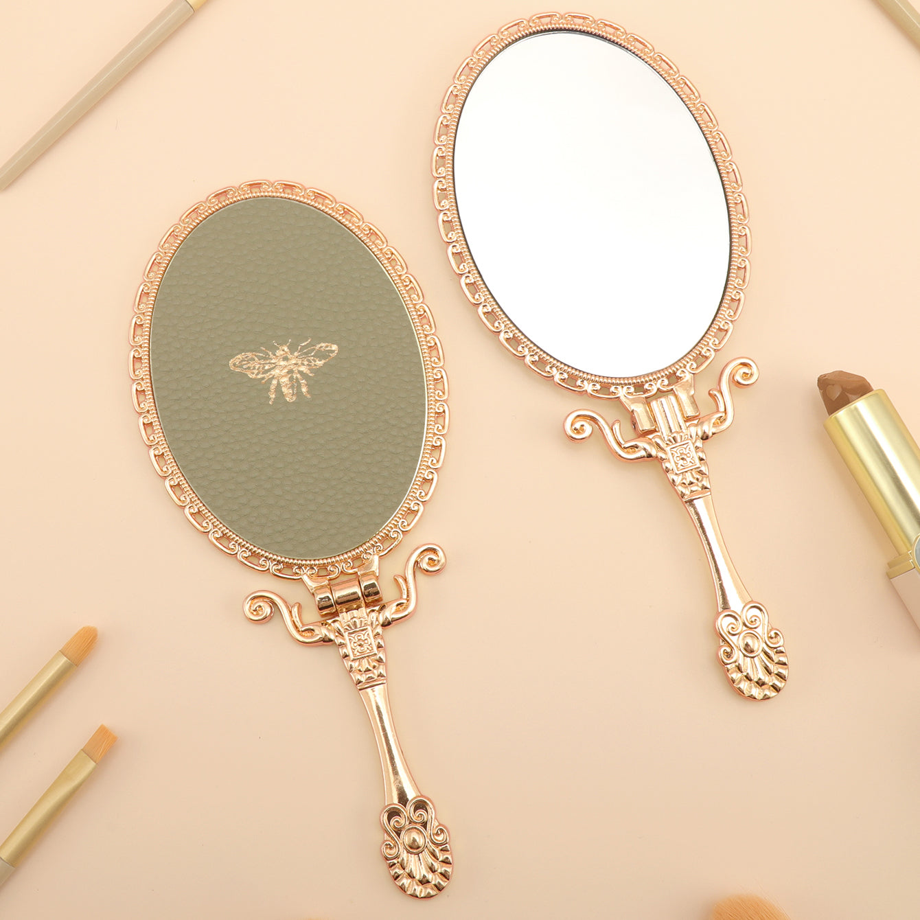 PU Leather Handheld Makeup Mirror, Decorated with Little Bee Gold Ornaments, Plating Gold, HD Glass, 175*75mm, Multiple Styles and Colors to Choose from