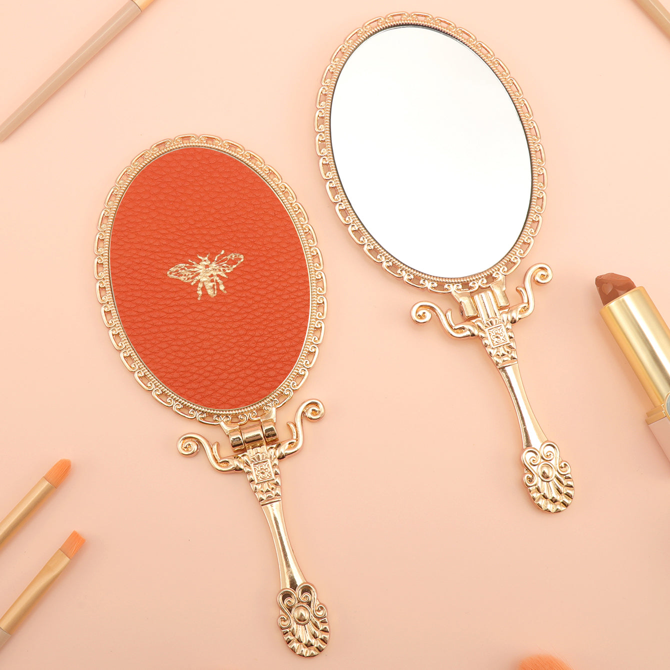 PU Leather Handheld Makeup Mirror, Decorated with Little Bee Gold Ornaments, Plating Gold, HD Glass, 175*75mm, Multiple Styles and Colors to Choose from