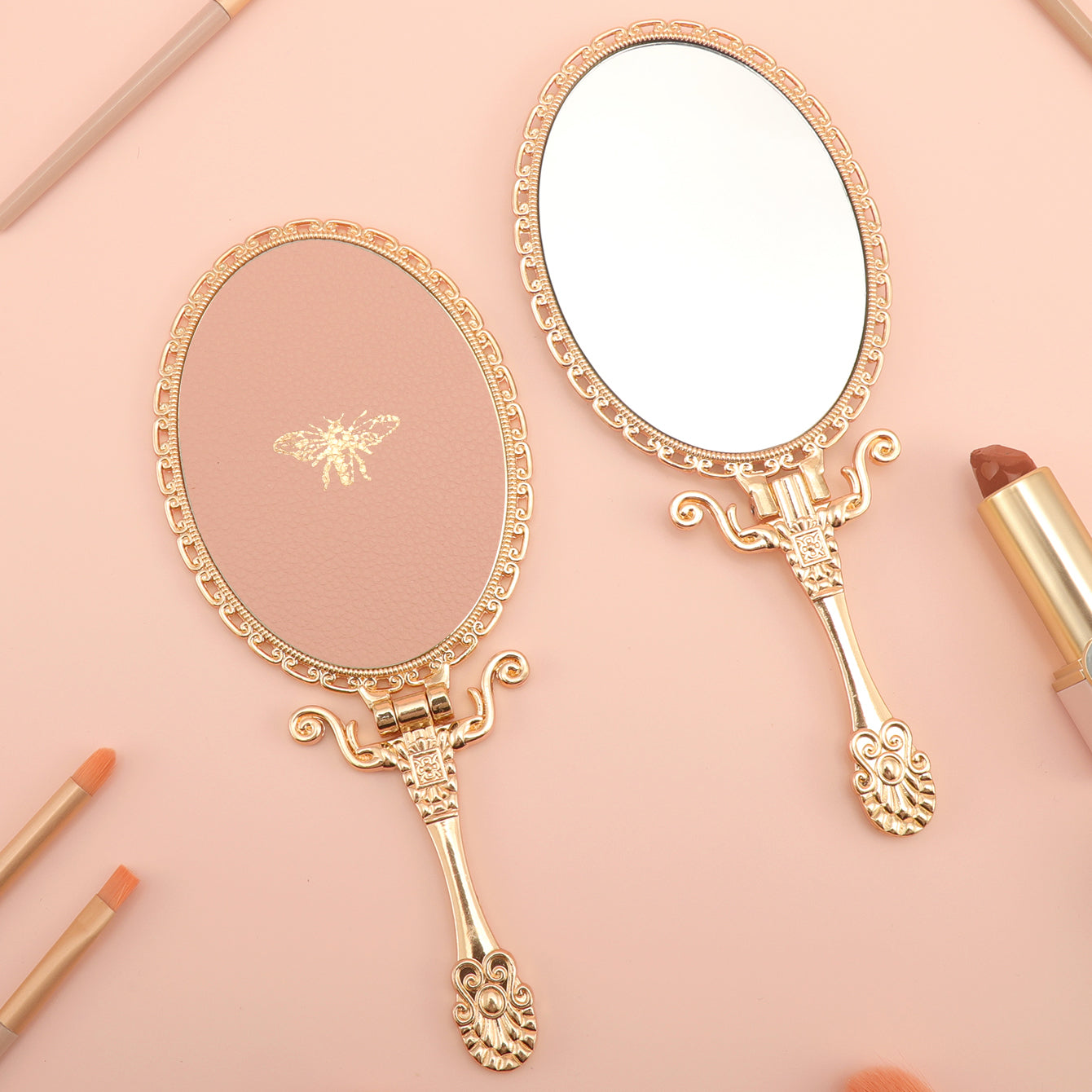 PU Leather Handheld Makeup Mirror, Decorated with Little Bee Gold Ornaments, Plating Gold, HD Glass, 175*75mm, Multiple Styles and Colors to Choose from