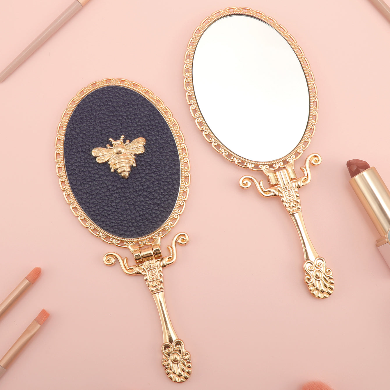 PU Leather Handheld Makeup Mirror, Decorated with Little Bee Gold Ornaments, Plating Gold, HD Glass, 175*75mm, Multiple Styles and Colors to Choose from