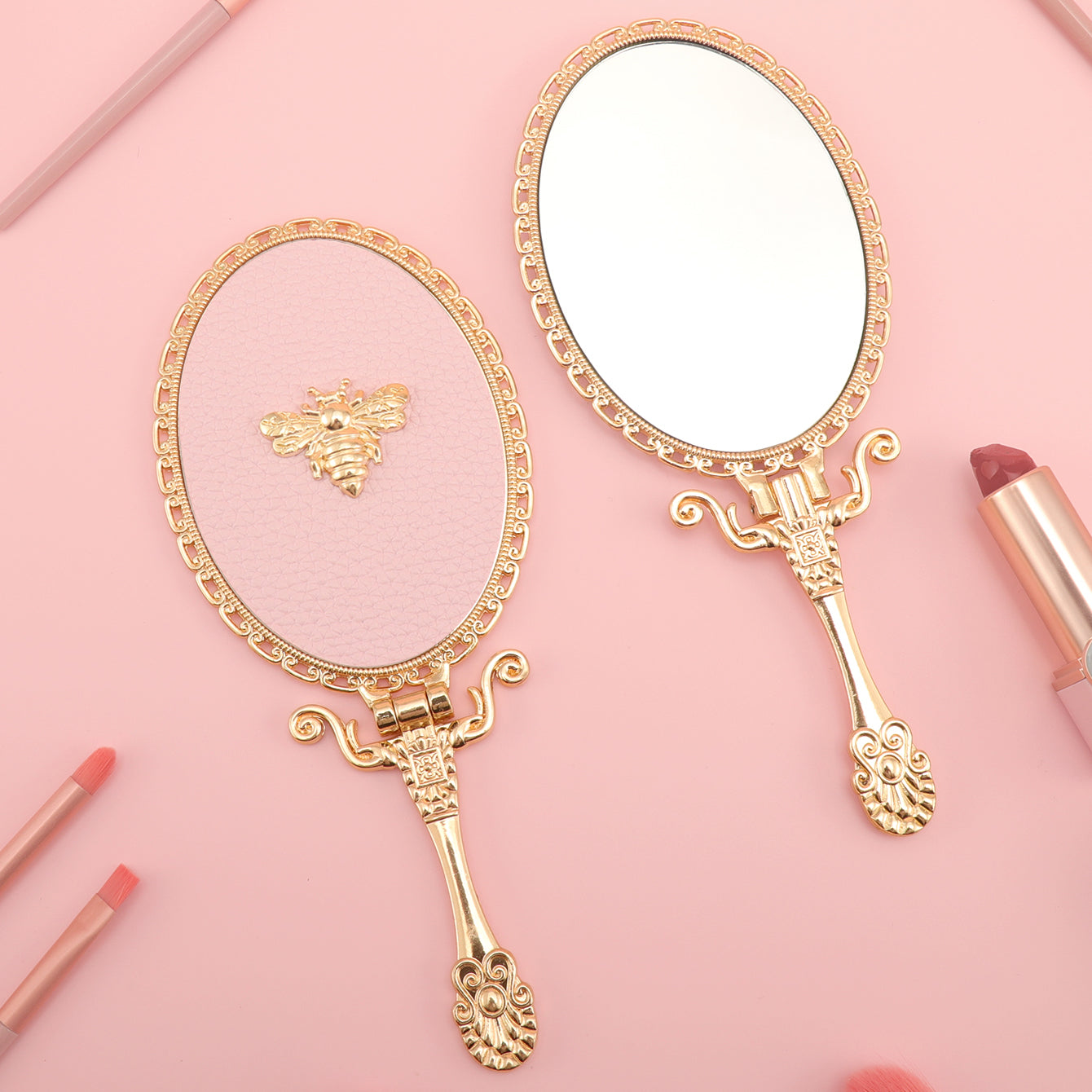 PU Leather Handheld Makeup Mirror, Decorated with Little Bee Gold Ornaments, Plating Gold, HD Glass, 175*75mm, Multiple Styles and Colors to Choose from