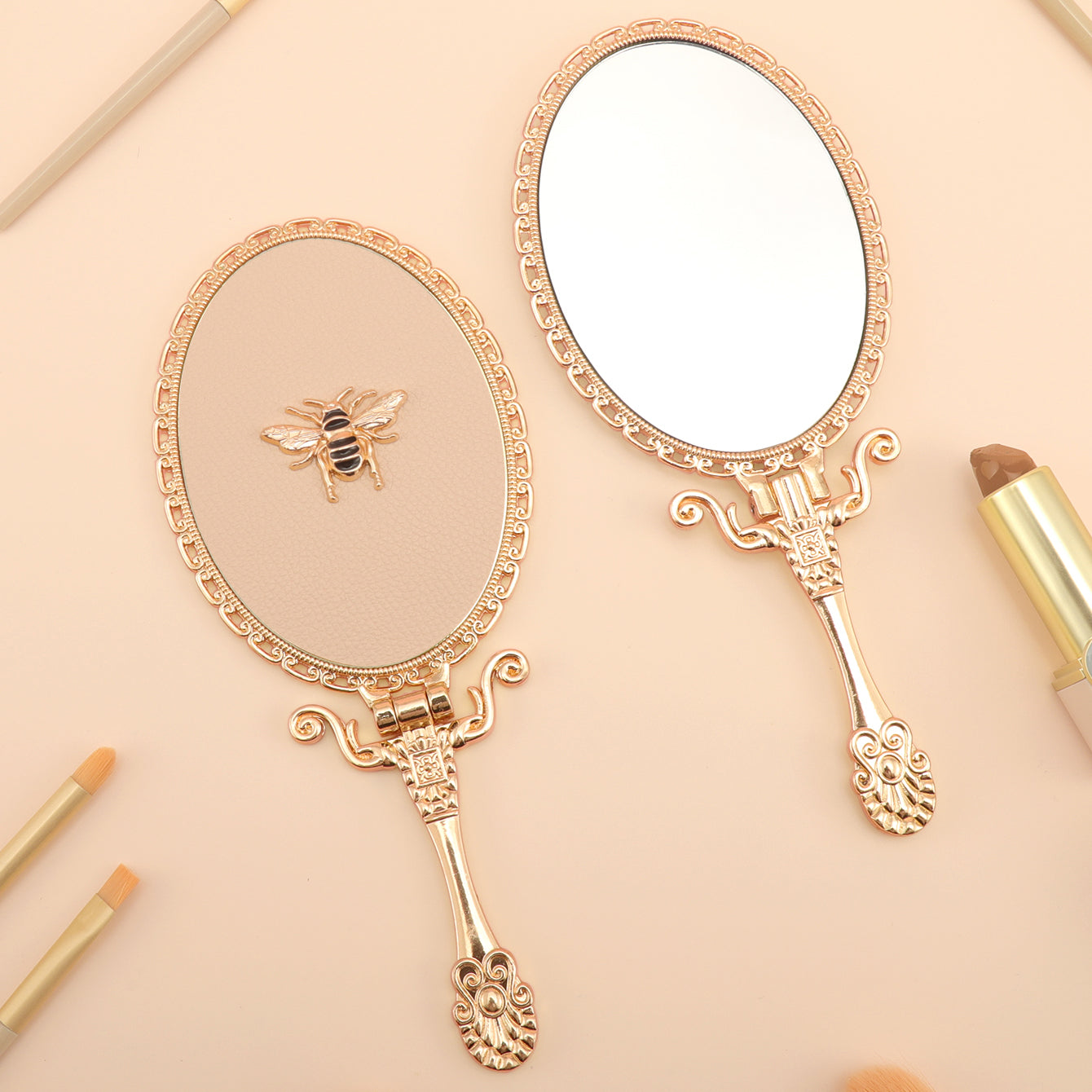 PU Leather Handheld Makeup Mirror, Decorated with Little Bee Gold Ornaments, Plating Gold, HD Glass, 175*75mm, Multiple Styles and Colors to Choose from