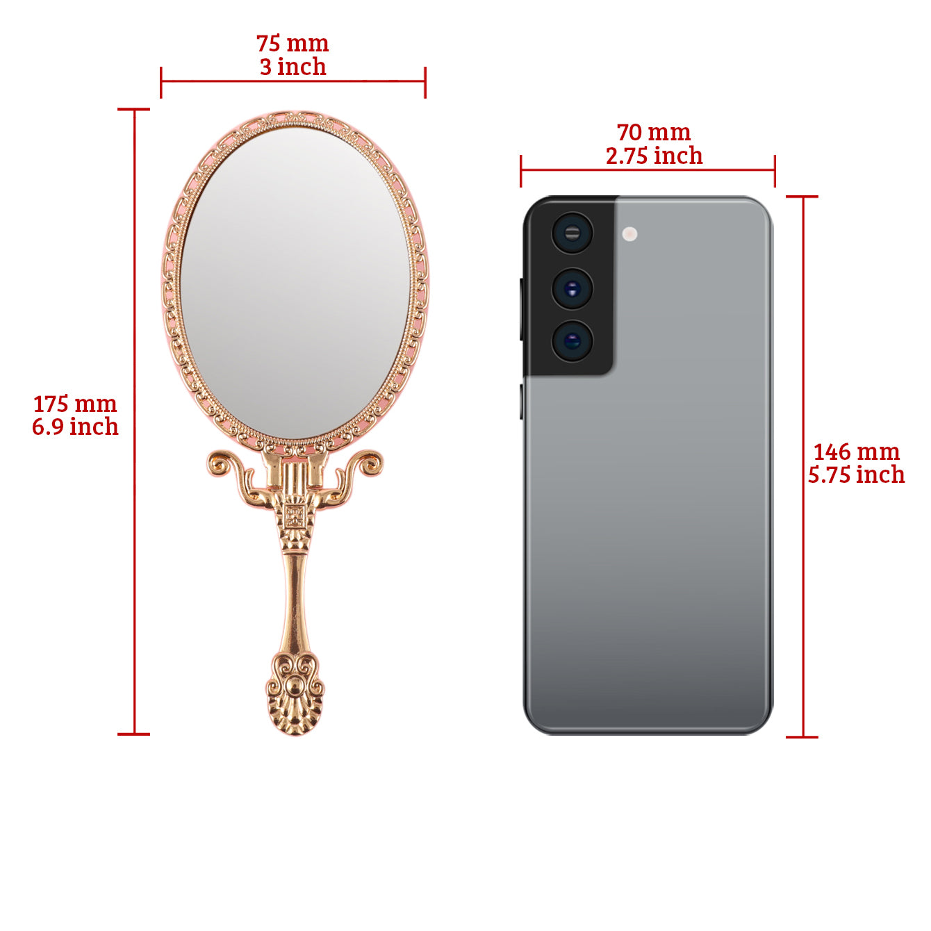 PU Leather Handheld Makeup Mirror, Decorated with Little Bee Gold Ornaments, Plating Gold, HD Glass, 175*75mm, Multiple Styles and Colors to Choose from