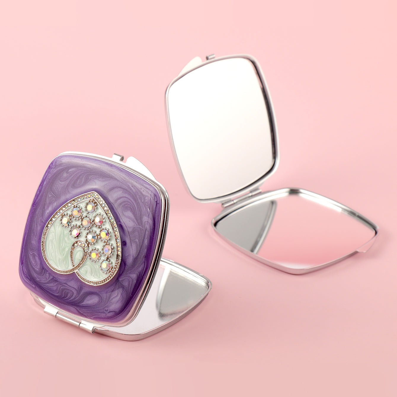 65*65mm Purple HD Glass Mirror, Epoxy Style with Rhinestone Decoration, Plating Silver, Fashionable Square Makeup Mirror