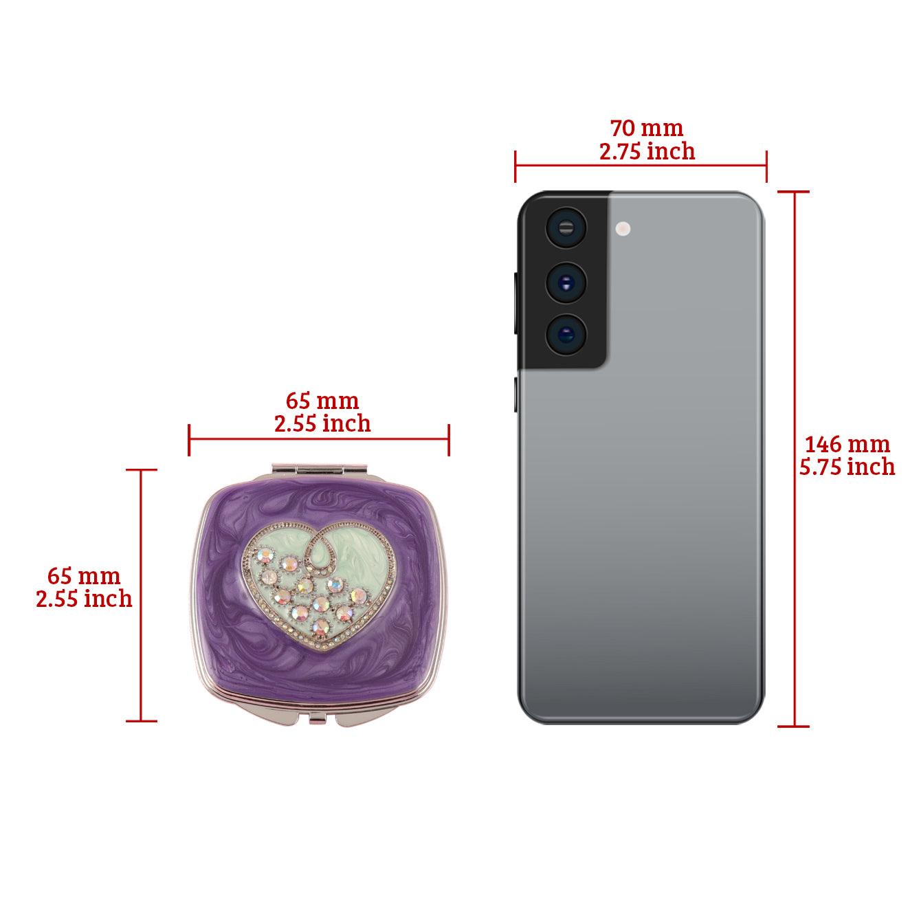 65*65mm Purple HD Glass Mirror, Epoxy Style with Rhinestone Decoration, Plating Silver, Fashionable Square Makeup Mirror