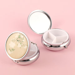 PU Eco-Friendly Leather Flower Pattern 3-Compartment Button Pill Box, 60*60mm Round, Plating Gold, Silver, Bronze Optional