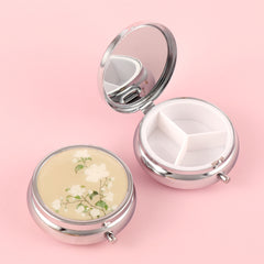 PU Eco-Friendly Leather Flower Pattern 3-Compartment Button Pill Box, 60*60mm Round, Plating Gold, Silver, Bronze Optional