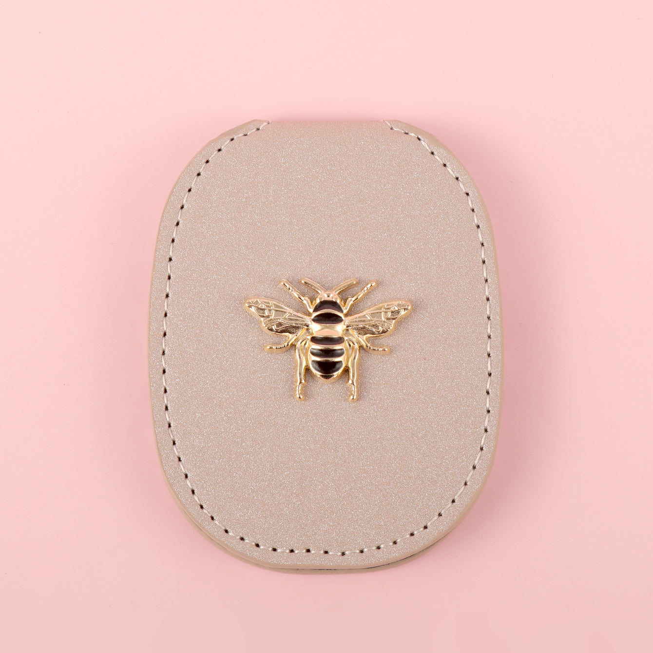 PU Eco-Friendly Leather with Bee Metal Decoration. Stainless Steel Cosmetic Mirror, 80*65mm Oval, Available in White, Pink, Light Pink, and Khaki.