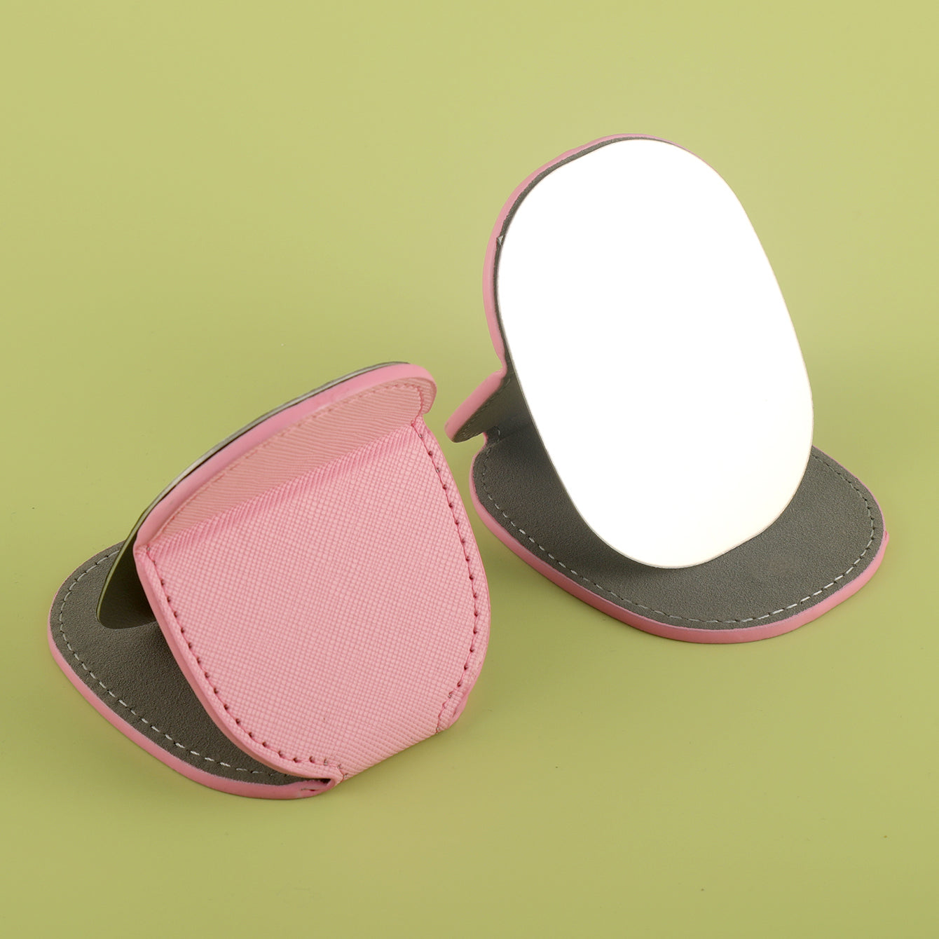 PU Eco-Friendly Leather with Bee Metal Decoration. Stainless Steel Cosmetic Mirror, 80*65mm Oval, Available in White, Pink, Light Pink, and Khaki.