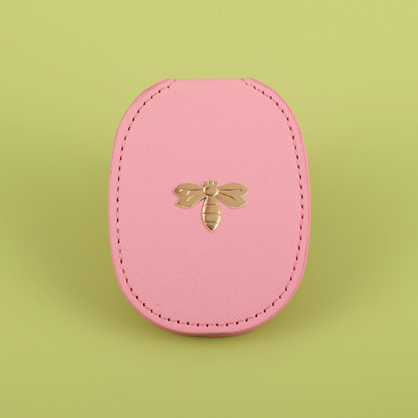 PU Eco-Friendly Leather with Bee Metal Decoration. Stainless Steel Cosmetic Mirror, 80*65mm Oval, Available in White, Pink, Light Pink, and Khaki.