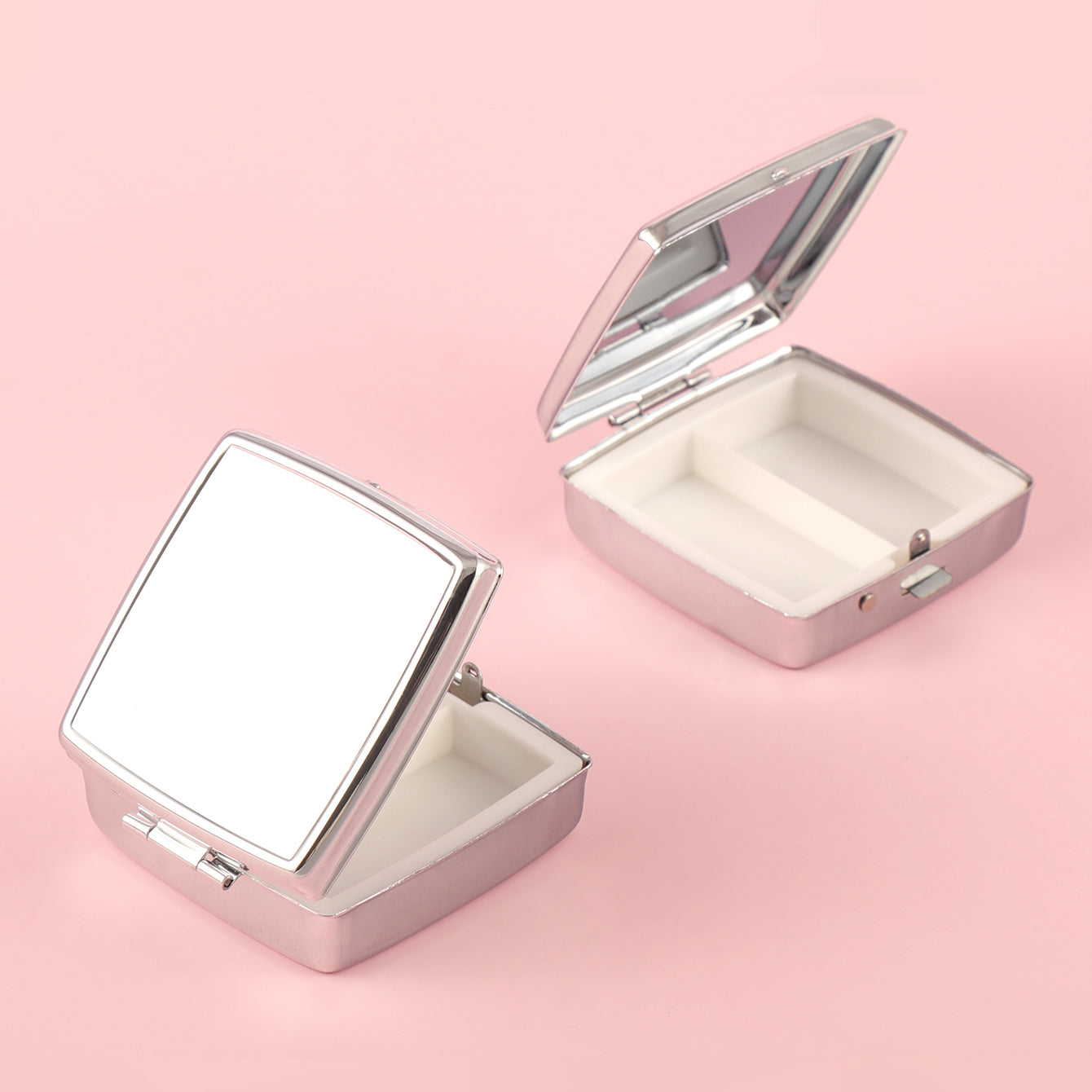 Portable Plating Silver Pill Box，2-Compartment Square Design, 55*55 mm Button Pill Box, Easy to Load Medications, Stylish and Practical, Carry It with You to Meet Your Various Medication Needs in Daily Life and Travel