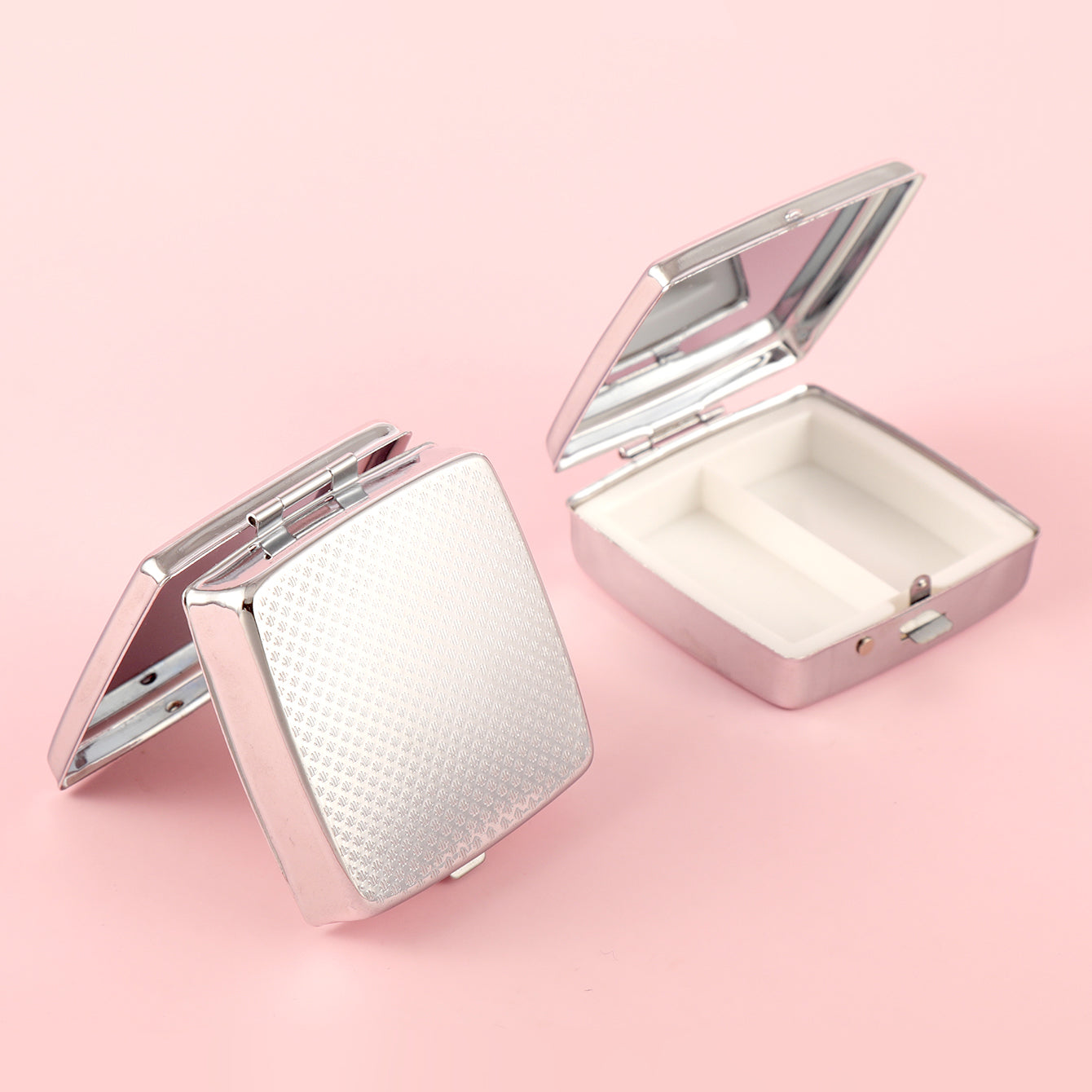 Portable Plating Silver Pill Box，2-Compartment Square Design, 55*55 mm Button Pill Box, Easy to Load Medications, Stylish and Practical, Carry It with You to Meet Your Various Medication Needs in Daily Life and Travel