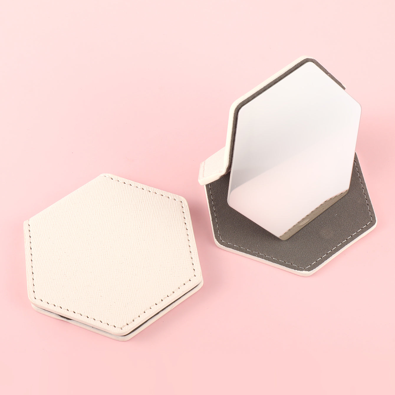 80*90mm Eco-Friendly PU Leather Hexagonal Cosmetic Mirror, Lightweight and Portable, Clear Stainless Steel Mirror, Suitable for Travel, Helping You Maintain Exquisite Makeup at Any Time