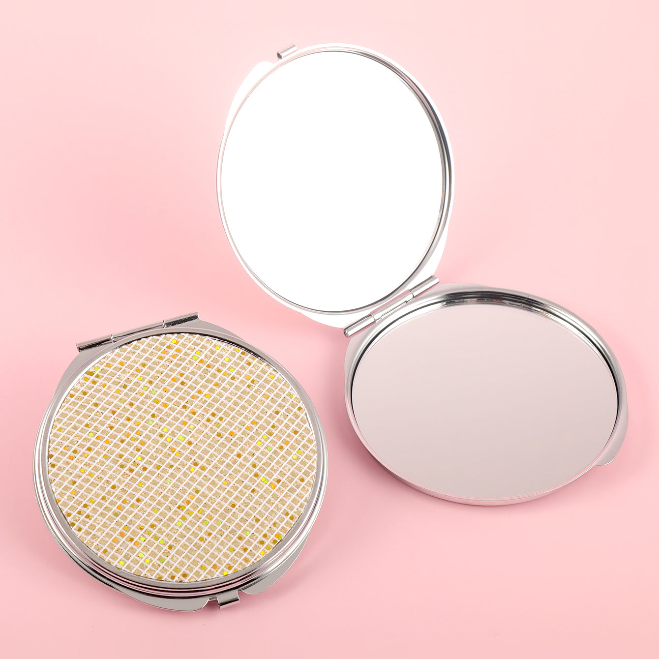 70*70mm Round Cosmetic Mirror, Made of PU Glitte Eco-friendly Leather, HD Glass Mirror, Stylish Silver Metal Frame, Perfect for Gifting and Personal Use