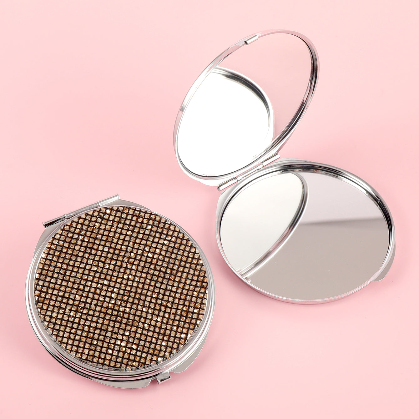 70*70mm Round Cosmetic Mirror, Made of PU Glitte Eco-friendly Leather, HD Glass Mirror, Stylish Silver Metal Frame, Perfect for Gifting and Personal Use