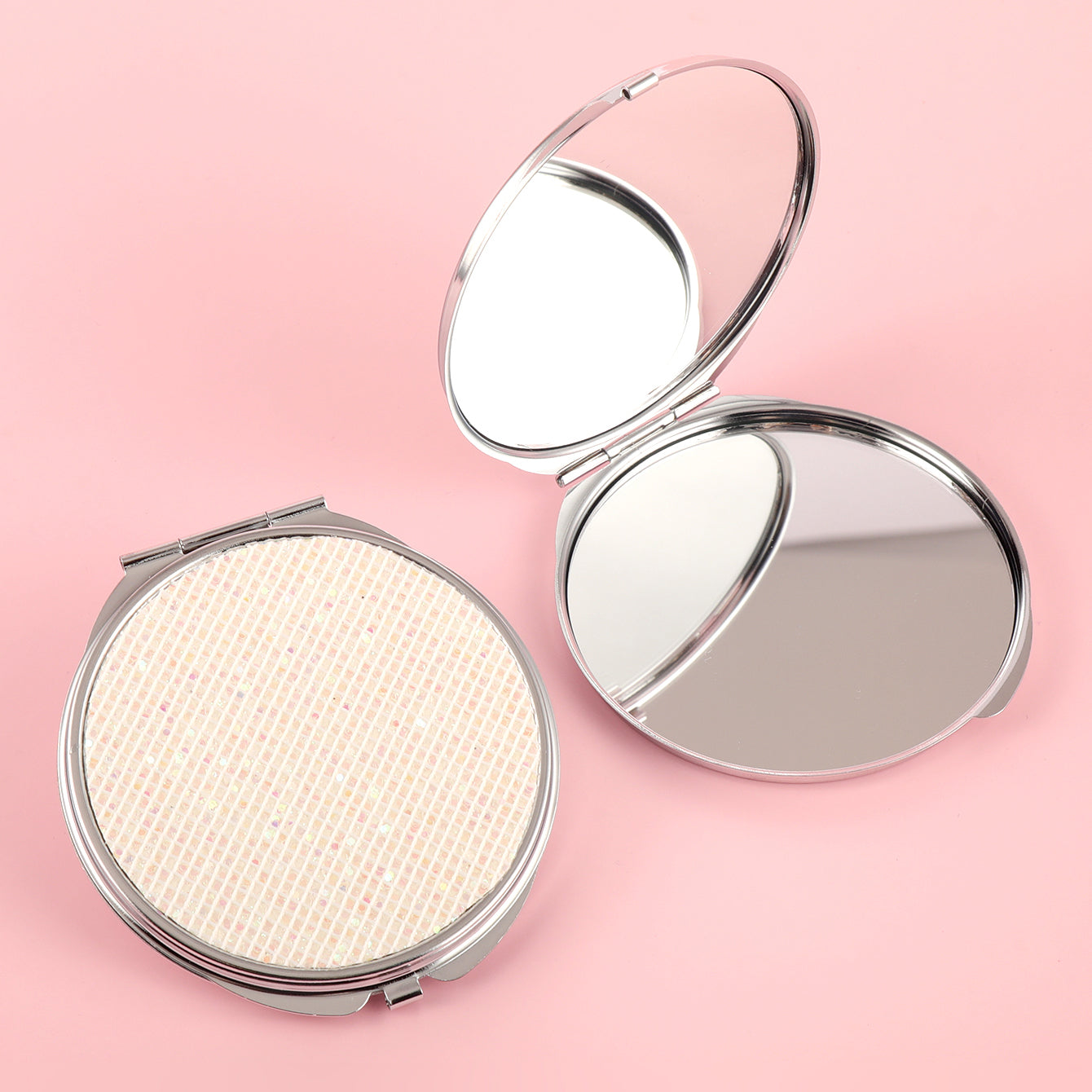 70*70mm Round Cosmetic Mirror, Made of PU Glitte Eco-friendly Leather, HD Glass Mirror, Stylish Silver Metal Frame, Perfect for Gifting and Personal Use