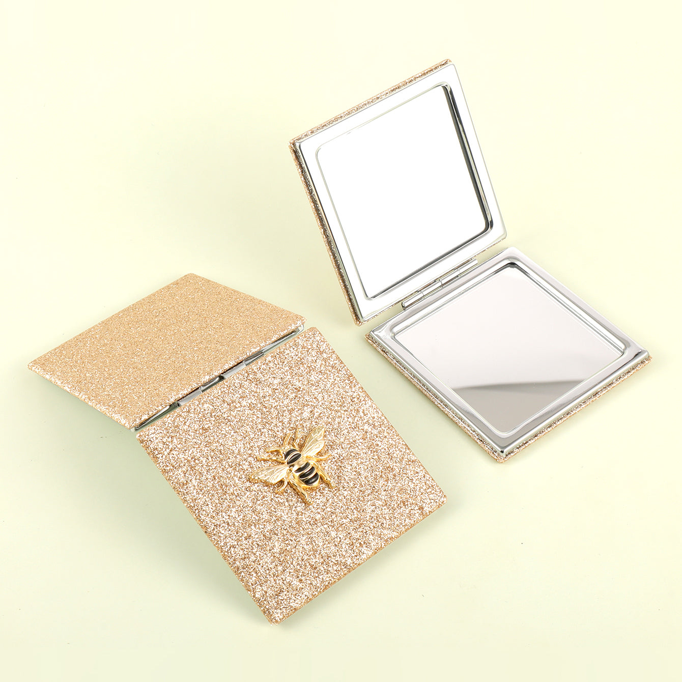 ✨ PU Eco-Friendly Leather Mirror, Embellished with Little Bee Gold Ornaments, HD Glass, Shiny Plating Silver Frame, 70*70mm Square Makeup Artifact, Pair It with Four Colors: Gold, Pink, White, and Black. 💄🌟