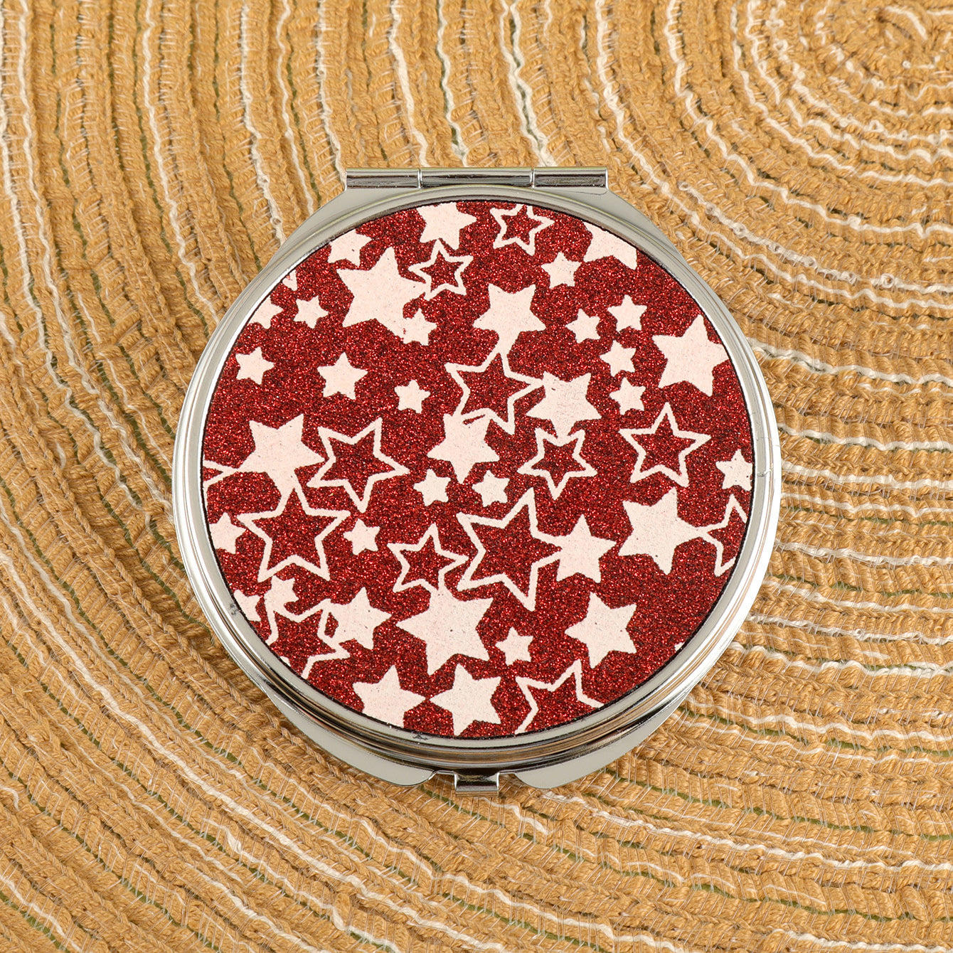 PU Eco-Friendly Leather Star Pattern, with HD Glass Mirror and Plating Silver Metal Frame! 70*70mm Round Cosmetic Mirror, Two Colors Available, First Choice as a Gift for Friends.