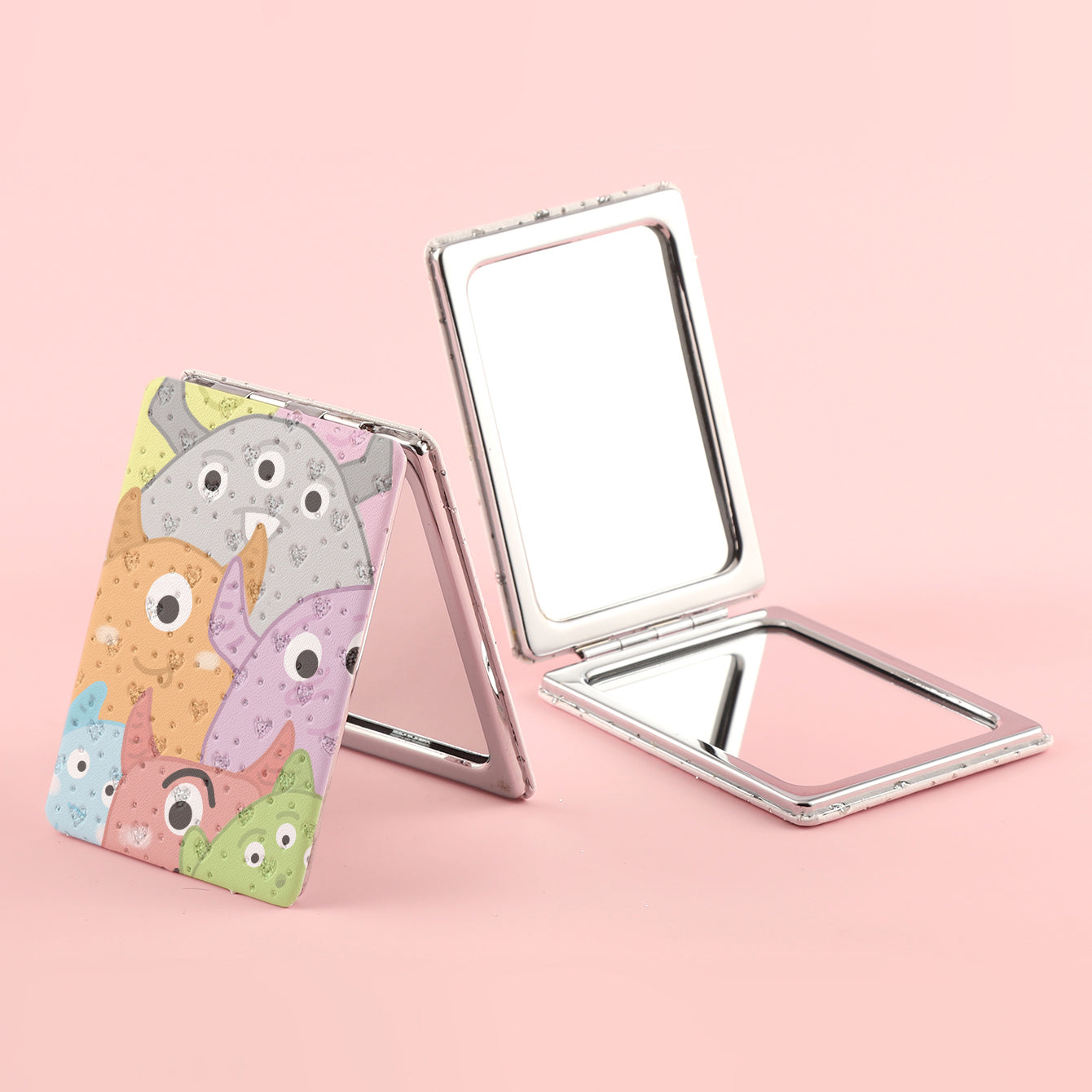 PU Glitte Eco-Friendly Leather, Sparkling HD Glass, Plating Silver and Gold Edge，A Must-Have Sterling Silver Fantasy Makeup Mirror for Friends