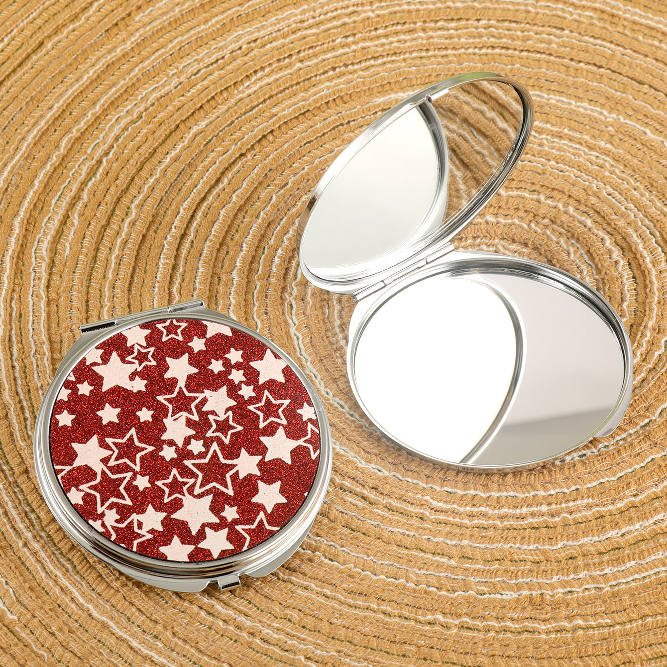 PU Eco-Friendly Leather Star Pattern, with HD Glass Mirror and Plating Silver Metal Frame! 70*70mm Round Cosmetic Mirror, Two Colors Available, First Choice as a Gift for Friends.