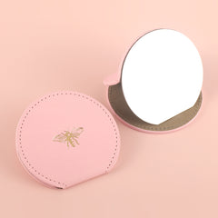 Little Bee Style PU Eco-Friendly Leather Cosmetic Mirror, Pink Color, Stainless Steel Glass Design, a Perfect Gift for Friends